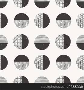 Vector monochrome seamless hand drawn pattern made with ink, pencil, brush. Geometric doodle shapes of spots, dots, strokes, stripes, lines. Template for social media, posters, prints.
