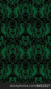 Vector monochrome seamless pattern with emerald silhouetted Victorian ornament. Green vintage damask on black background. Luxury floral texture with foliage and swirls for wallpapers and fabrics. Vector monochrome seamless pattern with emerald silhouetted Victorian ornament. Green vintage damask on black background.