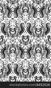 Vector monochrome seamless pattern with silhouetted Victorian ornament. Vintage damask in black and white. Luxury floral texture with foliage and swirls for wallpapers and fabrics. Vector monochrome seamless pattern with silhouetted Victorian ornament. Vintage damask in black and white. Luxury floral texture with foliage a