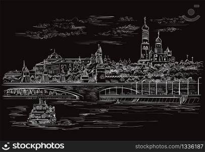 Vector monochrome sketch hand drawing illustration of Kremlin and embankment of river in Moscow, Russia cityscape. Horisontal isolated illustration in white color on black background. Stock illustration.