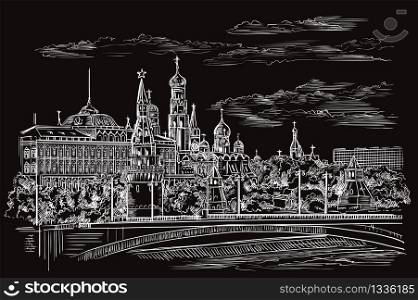 Vector monochrome sketch hand drawing illustration of Kremlin in Moscow, Russia cityscape. Horisontal isolated illustration in white color on black background. Stock illustration.