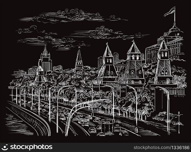 Vector monochrome sketch hand drawing illustration of Kremlin in Moscow, Russia cityscape. Horisontal illustration in white color isolated on black background. Stock illustration.
