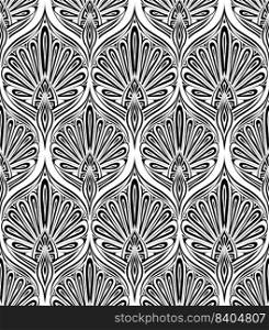 Vector monochrome vintage pattern. Black silhouette tracery damask ornament in net on white background. Floral rococo scale texture for fabrics and wallpapers.. Vector monochrome vintage pattern. Black silhouette tracery damask ornament in net on white background. Floral rococo scale texture