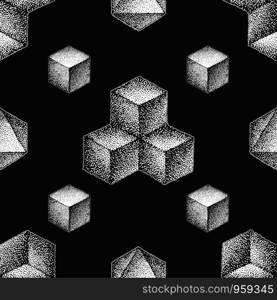 vector monochrome white retro dot art hand drawn cubical geometric volumetric blackwork design vintage tattoo style decoration shape illustration black background seamless pattern. hand drawn dotart blackwork pattern