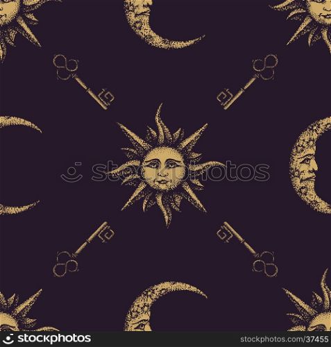 vector monochrome yellow gold color hand drawn engraving sun face vintage key moon illustration on dark brown isolated background deco seamless pattern&#xA;