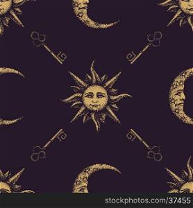 vector monochrome yellow gold color hand drawn engraving sun face vintage key moon illustration on dark brown isolated background deco seamless pattern&#xA;