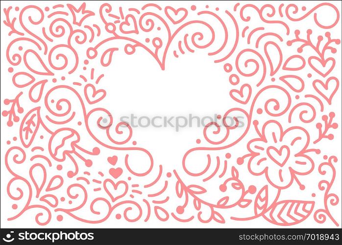 Vector monoline calligraphy background for Happy Valentines Day. Valentine Hand Drawn elements. Holiday sketch doodle Design card with Heart frame. Isolated illustration decor for web, wedding and print.. Vector monoline calligraphy background for Happy Valentines Day. Valentine Hand Drawn elements. Holiday sketch doodle Design card with Heart frame. Isolated illustration decor for web, wedding and print