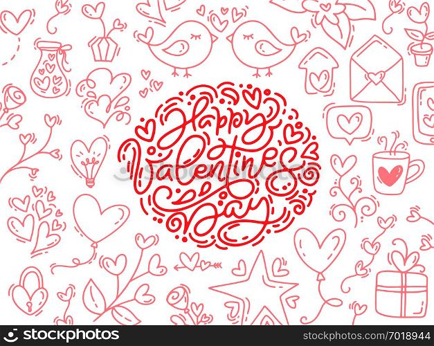 Vector monoline calligraphy phrase Happy Valentines Day. Valentine Hand Drawn lettering and elements. Holiday sketch doodle Design card with Heart frame. Isolated illustration decor for web, wedding and print.. Vector monoline calligraphy phrase Happy Valentines Day. Valentine Hand Drawn lettering and elements. Holiday sketch doodle Design card with Heart frame. Isolated illustration decor for web, wedding and print