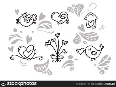 Vector monoline Valentines Day Hand Drawn elements. Happy Valentine Day. Holiday sketch doodle Design card with Heart. Isolated illustration decor for web, wedding and print.. Vector monoline Valentines Day Hand Drawn elements. Happy Valentine Day. Holiday sketch doodle Design card with Heart. Isolated illustration decor for web, wedding and print