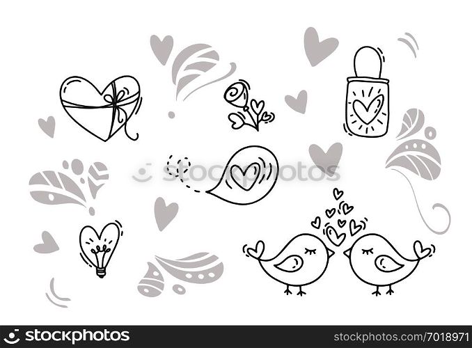 Vector monoline Valentines Day Hand Drawn elements. Happy Valentine Day. Holiday sketch doodle Design card with Heart. Isolated illustration decor for web, wedding and print.. Vector monoline Valentines Day Hand Drawn elements. Happy Valentine Day. Holiday sketch doodle Design card with Heart. Isolated illustration decor for web, wedding and print
