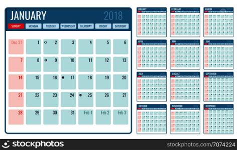 Vector monthly calendar template 2018 year. Illustration of month planner page. Vector monthly calendar template 2018 year