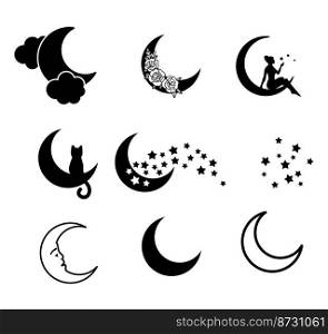 vector moon design set isolated on white background. icons with moon, stars, clouds, cats, flowers and a girl
