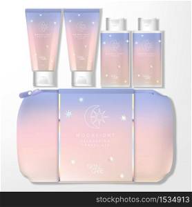 Vector Moonlight Holographic Theme Gradient Pastel Travel Kit Bag Set with Tube & Bottle Packaging