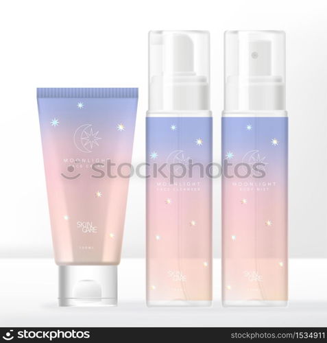 Vector Moonlight Holographic Theme Gradient Pastel Tube & Transparent Pump or Spray Bottle Packaging