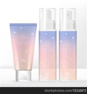 Vector Moonlight Holographic Theme Gradient Pastel Tube & Transparent Pump or Spray Bottle Packaging