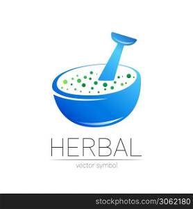 Vector mortar and pestle blue symbol logo. Herbal icon concept for medicine, vegetarian, therapy, pharmacology and business. Organic sign illustration. Modern ecology logotype or label. Vector mortar and pestle blue symbol logo. Herbal icon concept for medicine, vegetarian, therapy, pharmacology and business. Organic sign illustration. Modern ecology logotype or label.
