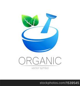 Vector mortar and pestle blue symbol logo with green leaf. Ecology icon concept for medicine, vegetarian, therapy, pharmacology and business. Organic sign illustration. Modern logotype or label. Vector mortar and pestle blue symbol logo with green leaf. Ecology icon concept for medicine, vegetarian, therapy, pharmacology and business. Organic sign illustration. Modern logotype or label.