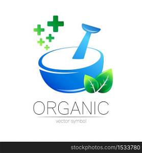 Vector mortar and pestle blue symbol logo with green leaves and cross. Ecology icon concept for medicine, vegetarian, therapy, pharmacology and business. Organic sign illustration. Modern logotype.. Vector mortar and pestle blue symbol logo with green leaves and cross. Ecology icon concept for medicine, vegetarian, therapy, pharmacology and business. Organic sign illustration. Modern logotype
