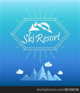 Vector mountain emblem in outline style. Geometric crystal mountain and clouds.. Vector mountain emblem in outline style.