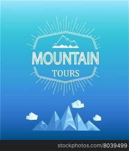 Vector mountain emblem in outline style. Geometric mountain and clouds in polygon style.. Vector mountain emblem in polygon style.