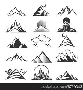 Vector mountain icons. Vector mountain icons. Outdoor travel mountains black silhouettes on white background