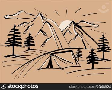 Vector mountains with fir trees hand drawn landscape. Illustration holiday in mountains with tents. Snow covered mountain range sketch