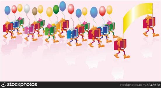 Vector multicolored bright gifts with baloons parade