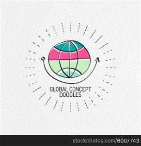 Vector multicolored hand-drawn doodles, icon, stamp. Globe concept drawing