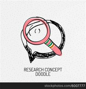 Vector multicolored hand-drawn doodles, icon, stamp. Magnifying glass concept. Drawing