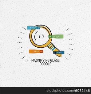 Vector multicolored hand-drawn doodles, icon, stamp. Magnifying glass concept. Drawing