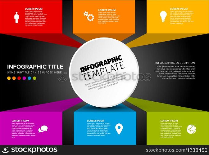 Vector multipurpose Infographic template made from circle and content blocks - dark version. Vector multipurpose Infographic template with six blocks