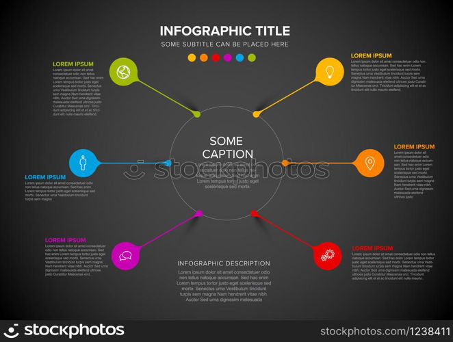 Vector multipurpose Infographic template made from circle and droplet pins - dark version. Vector multipurpose Infographic template with colorful droplets