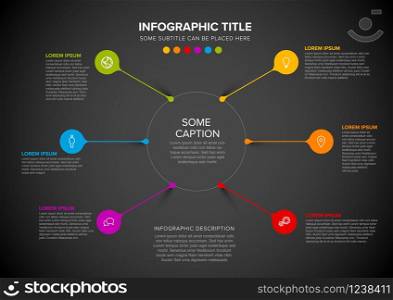 Vector multipurpose Infographic template made from circle and droplet pins - dark version. Vector multipurpose Infographic template with colorful droplets