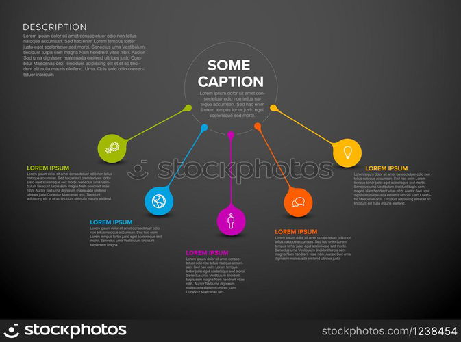 Vector multipurpose Infographic template made from circle and droplet pins - dark version. Vector multipurpose Infographic template