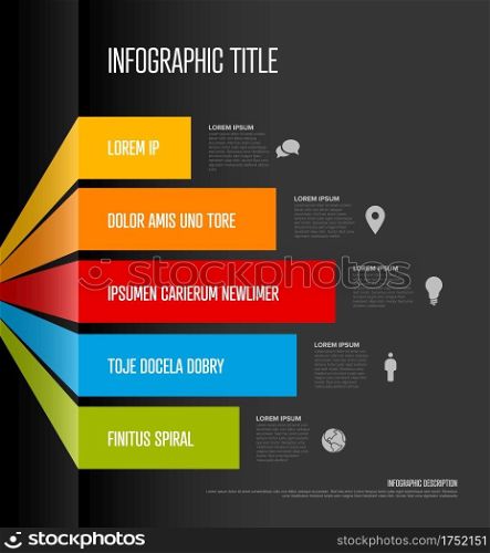 Vector multipurpose Infographic template made from five curved stripes content blocks with icons and description - dark background  version. Vector dark multipurpose Infographic template with five stripes
