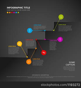 Vector multipurpose Infographic template made from stairs and colorful pins - dark version. Stairs infographic with colorful pins