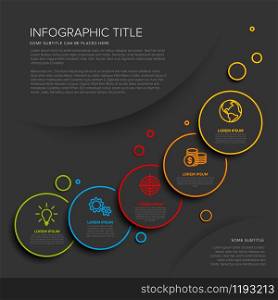 Vector multipurpose Infographic template with five circle options and modern colors on a dark background. Multipurpose Infographic template with five elements - dark version