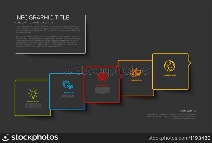 Vector multipurpose Infographic template with five square options and modern colors on a dark background. Multipurpose Infographic template with five elements - dark version