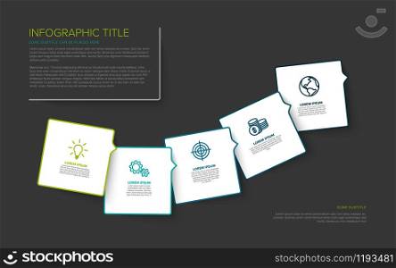 Vector multipurpose Infographic template with five square options and modern colors on a dark background. Multipurpose Infographic template with five elements - dark background version