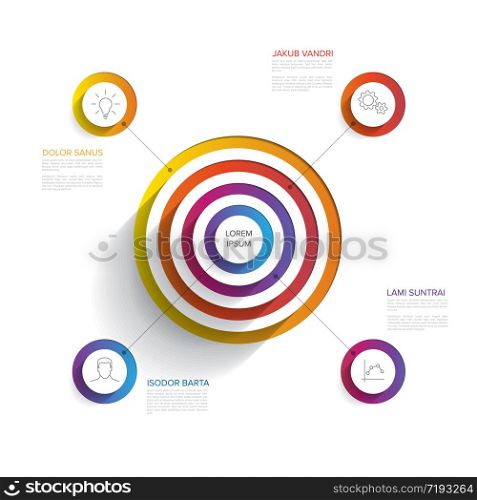 Vector multipurpose Infographic template with four elements around target pyramid circles on a white background