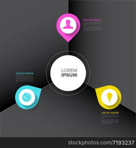 Vector multipurpose Infographic template with three elements options and modern colors on a dark background - cyan, magenta, yellow version