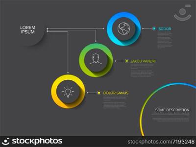 Vector multipurpose Infographic template with three elements options and modern colors on a dark gray background. Multipurpose Infographic template with three elements