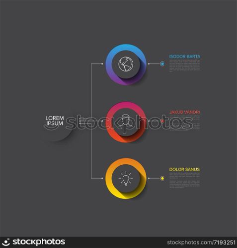 Vector multipurpose Infographic template with three elements options and modern colors on a dark gray background