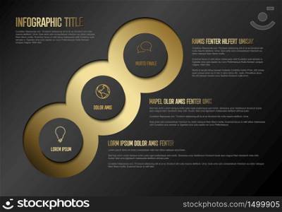 Vector multipurpose Infographic template with three elements options - premium golden version on a dark background. Multipurpose Infographic template with three elements - premium version