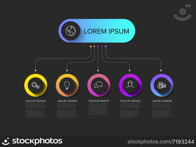 Vector multipurpose Infographic template with title and five elements options and modern colors on a dark background