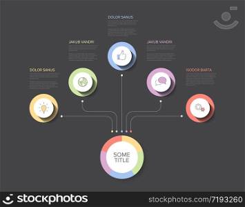 Vector multipurpose Infographic template with title and five elements options and modern pastel colors on a dark background