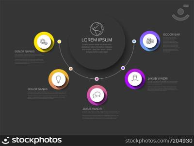 Vector multipurpose Infographic template with title and five elements options and modern colors on a dark background