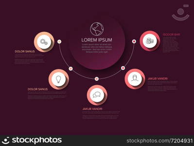 Vector multipurpose Infographic template with title and five elements options and pink colors on a dark background. Multipurpose Infographic template with five elements