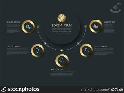 Vector multipurpose Infographic template with title and five elements options - golden on a dark background. Vector progress six steps template