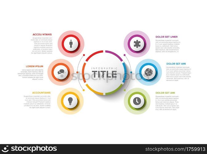 Vector multipurpose Infographic template with title and six elements options around big circle. Multipurpose Infochart with modern colors. Infographic with colorful circles and white background. Multipurpose Infographic template with six elements around big button